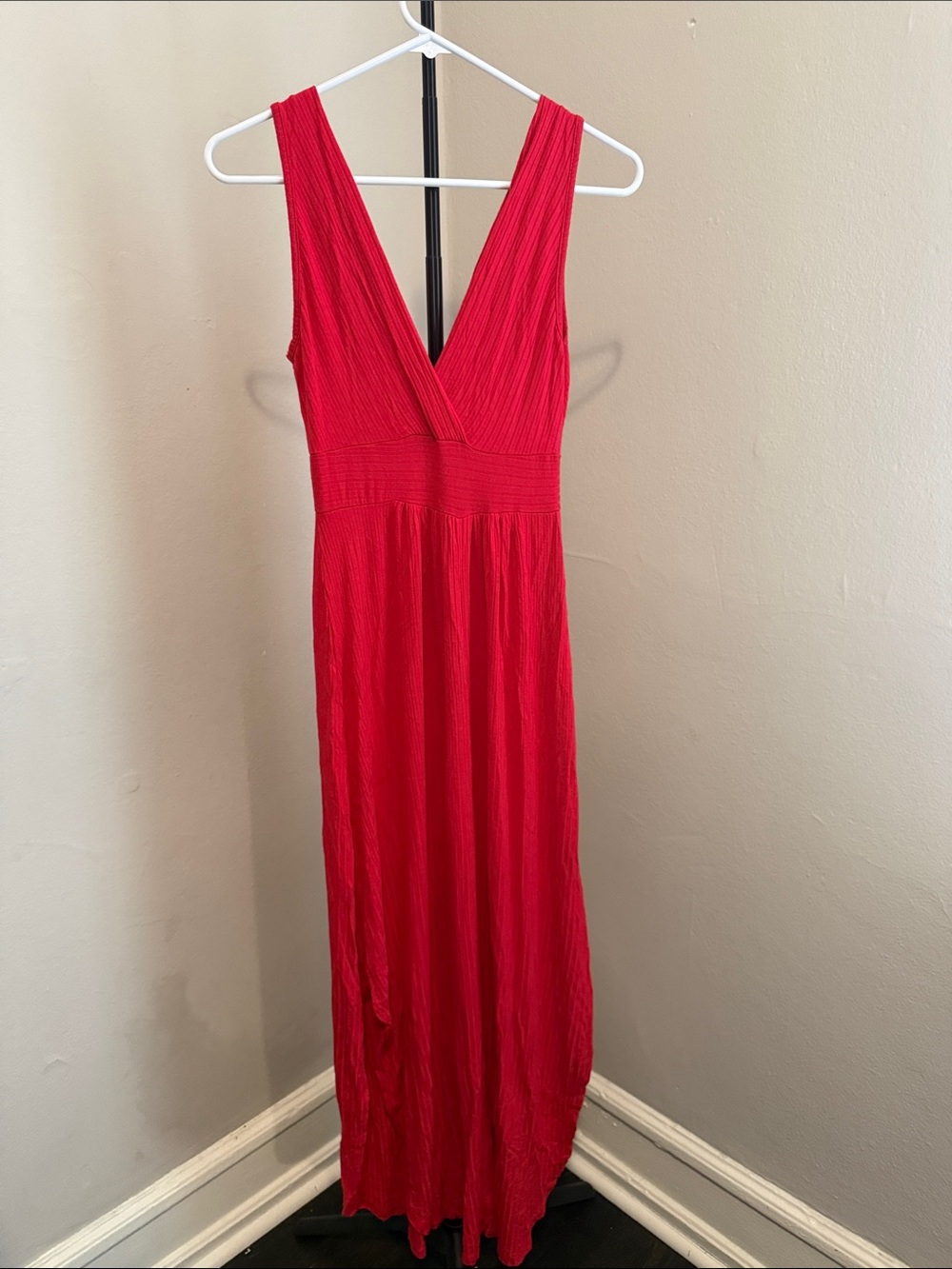 Red Deep V Maxi Dress - Sleeveless Gathered Waist